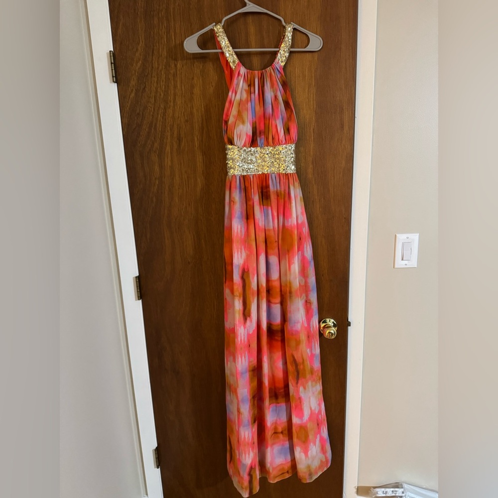 Calvin Klein Multicolor Halter Dress with Gold Accents